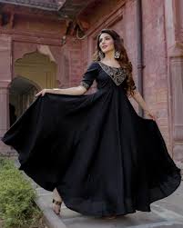 Black Handblock Work Fit And Flare Maxi Dress Pretty Black Dresses Black Pakistani Dress Simple Black Dress