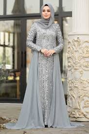 Tesetturlu Abiye Elbise Pullu Gri Tesettur Abiye Elbise 8715gr Tesetturisland Com Elbise Moda Stilleri Siyah Elbise