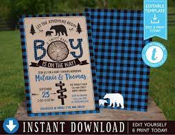 Blue Lumberjack Baby Shower Invitation Rustic Bear Lumberjack Etsy Wilderness Baby Shower Lumberjack Baby Shower Lumberjack Baby Shower Invitations