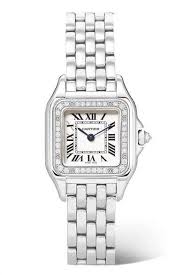 Quartz w/ sweep seconds and date. Cartier Panthere De Cartier 22mm Small Stainless Steel And Diamond Watch Silver Silver Watch Diamond Watch Silver Watches Women