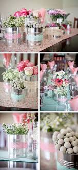 I Will Recycle Everything Love The Silver Tins With Fresh Flowers In Mixed With The Clear Decoration De Table Bapteme Deco Mariage Idees De Centres De Table