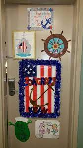 Navy PIR hotel door decoration- A tradition for the graduate's families is to decorate their hotel door with post… | Navy decor, Navy mom, Navy boot camp graduation
