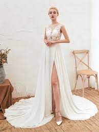 Hallo zusammen, biete hier mein geliebtes. Sommer Strand Boho Brautkleid Chiffon Spitze Transparent Mit Schlitz Schleppe