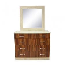 The mirror can be moved, and things can be stored behind the mirror, one with four drawers for storage, and two shelves. Tripoli Dressing Table Mdf Kiaat And Creamywood