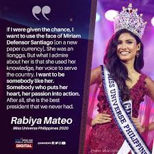 Rabiya occeña mateo is a beauty queen of filipino, indian and american descent. Gma News Here S Miss Universe Philippines 2020 Rabiya Mateo S Winning Answer In The First Portion Of The Q A Read Https Bit Ly 34qwtdm Catch The Replay Telecast Of Missuniversephilippines2020 October 25 10 30pm On