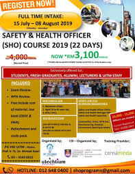 Preventing accidents, observing and implementing safety regulations and ensuring fire safety is the job of a health & safety officer. Uitm Official On Twitter Safety Health Officer Sho Course 2019 22 Days Full Time Intake 15 July 08 August 2019 Register Now Utechtium Icaen Uitm Sho Universititeknologimara Uitmdihatiku Https T Co 0l2kdzvbms