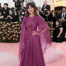 Shop dupioni silk, silk chiffon, silk crepe, silk satin, silk organza and more! The Purple Dress Of Dakota Johnson On The Account Instagram Of Gucci At The Met Gala 2019 Spotern
