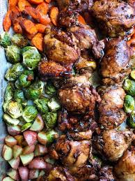 Honey Balsamic Chicken Thighs Vegetables Sheet Pan Dinner No Excuses Nutrition Recipe Sheet Pan Meals Chicken Sheet Pan Dinners Sheet Pan Dinners Chicken
