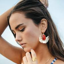 Plunder Helen earrings red marbled stone with cream tassels