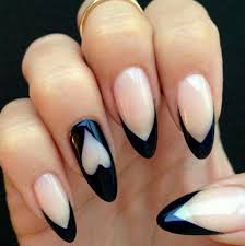 Almond Shaped Acrylic Nails With Black Tips Black Tipped French Manicure On Almond Nails Heart Nails Heart Nail Designs Pointy Nails