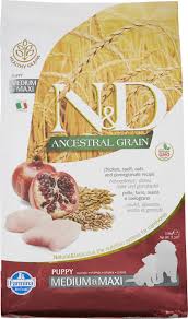 Your puppy's food should feature an identifiable meat protein source as the first ingredient listed on the back of the bag. Farmina N D Ancestral Grain Chicken Pomegranate Medium Maxi Puppy Dry Dog Food 5 5 Lb Bag Chewy Com