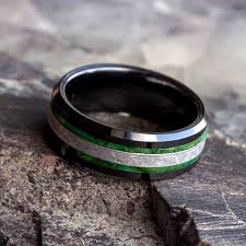 Black And Green Wedding Band Black Wedding Band With Meteorite And Green Wood Pinstripes Etsy Black Ceramic Ring Ceramic Rings Custom Wedding Rings