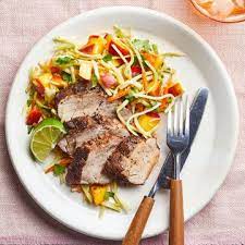 Jamaican Pork Tenderloin With Broccoli Peach Slaw Pork Recipes Pork Tenderloin Recipes Summer Recipes Dinner