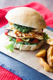Pesto Haloumi Veggie Burger Close Encounters Of The Cooking Kind Haloumi Recipes Veggie Burger Vegetarian Dishes