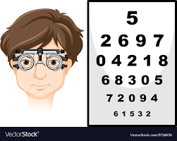 man wearing eye test glasses and reading chart