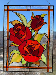 Red Roses Stained Glass Panel Stained Glass Window Hanging Etsy Stained Glass Window Hanging Stained Glass Rose Glass Painting Patterns