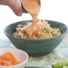 Shrimp Sauce Being Poured Over A Bowl Of Asian Rice For The Post Japanese White Sauce Also Known As Yum Y White Sauce Recipes Japanese White Sauce White Sauce