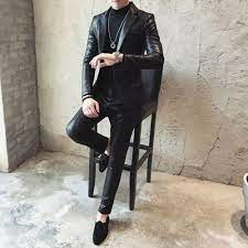 Men S Faux Leather Suit Blazer Jacket Pants 2pcs Slim Fit One Button Nightclub Ebay