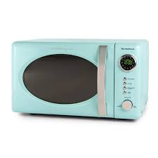 Retro style microwave with pull handle is classic and trendy and goes well on the kitchen counter in the home or in the office. Nostalgia Retro 700 Watt Countertop Microwave Oven Aqua 0 7 Cu Ft 082677651976 Rona