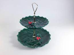 Vintage Christmas Two Tiered Serving Tray Lefton 1364 Green Etsy Tiered Serving Trays Vintage Christmas Lefton