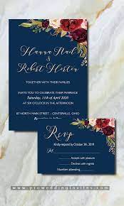 Affordable Navy Blue Wedding Invite With Burgundy Floral Pwif010 Pro Wedding Invites Navy Blue Wedding Invitations Navy Wedding Invitations Blue Wedding Invitations
