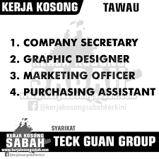 Kerja kosong ini dikategorikan dibawah jawatan kosong kerajaan, jadi, gajinya agak lumayan dan lebih terjamin insyaallah.permohonan adalah mestilah berumur tidak kurang daripada 18 tahun ke atas. Kerja Kosong Sabah 2019 Pelbagai Jawatan Teck Guan Group Tawau Jawatan Kosong Terkini Negeri Sabah