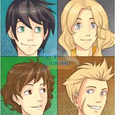 Percy Jackson, Annabeth Chase, Grover Underwood, and Luke Castellan. Anime  style