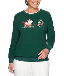 Alfred Dunner Hunter Reindeer Polar Bear Embroidered Sweatshirt Women Petite Plus
