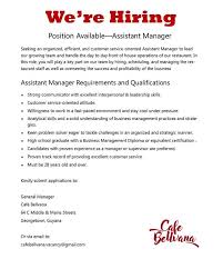 Cafe Bellvana Assistant Manager Management Online Resume
