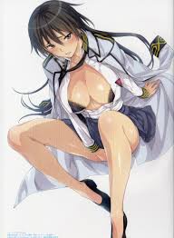 hida reiri, masou gakuen hxh, highres, official art, 1girl, black hair,  blue eyes, blush, bra, breasts, cleavage, female focus, large breasts,  legs, long hair, long legs, looking at viewer, solo, underwear -