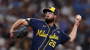 Aaron Ashby pitching for the Milwaukee Brewers during the postseason