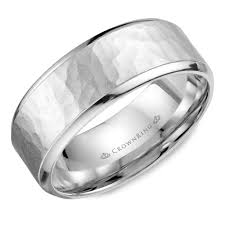 In 14k white gold (7mm) $1,290. Gents 14k White Gold Wedding Band W Hammered Center Wb 9968 8mm Adele Diamond
