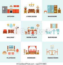Arranging all the furniture in this small living room. Living Room Bedroom Kitchen Kids Bathroom Dining Work Space Hallway Flat Vector Icons Interior Design Room Types Canstock