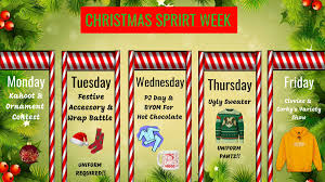 From making a christmas centerpiece to going ice skating with your family, there's something for everyone here. Student Council On Twitter Hey Crusader Christmas Spirit Week Is Almost Here So Here Is A Schedule Of The Christmas Spirit Week Starting This Monday Https T Co Pabjljnqhx
