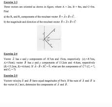 Draw the resultant vector by starting where the tail of first vector is to the head of second vector. Exercise 2 3 Three Vectors Are Oriented As Shown In Chegg Com