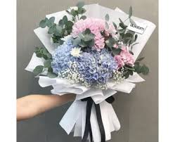 Pictured blue hydrangea, rose and peony bouquet delivered sydney metro region only. By Occasions Hand Bouquets Abloom