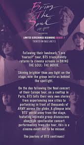 It was limitedly released on august 7, 2019. Bts Army Fest On Twitter Notice Bring The Soul The Movie Blockscreening Forms Will Be Released Tomorrow Limited Slots Only Armyfest2019 Https T Co Nrjyfabrfv