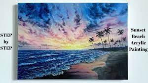 Sunset scenery on a beach with acrylic paint. Sunset Beach Step By Step Acrylic Painting Tutorial Colorbyfeliks Beach Sunset Painting Sunset Painting Beach Painting