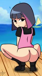 robert rose (philelmago), cola (scissor seven), scissor seven, highres,  1girl, ass, black eyes, blue hair, female focus, from behind, full body,  loli, looking at viewer, looking back, outdoors, pink hair, short hair,