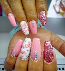 Ver más ideas sobre uñas, uñas naturales, las uñas. Bano De Acrilico En Una Natural 3d Flowers Glitter Rosa Unas Naturales Disenos De Unas Unas
