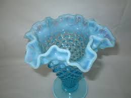 Vintage Mid Century Fenton Blue Hobnail Large Glass Vase Crimped Edges With Opalescent Top Carol S True Vintage And Antiques Vintage cobalt blue depression glass 5 globe sphere bud vase. vintage mid century fenton blue hobnail large glass vase crimped edges with opalescent top