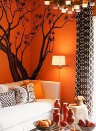 Painted Black Tree Onto Burnt Orange Walls To Transition Into The Black Furniture Of The Living Room Living Room Orange Orange Rooms Bedroom Orange