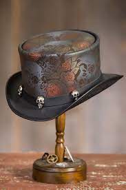 From The Overland Steampunk Collection The Skull N Roses Top Hat Lets You Broadcast Your Sense Of Mischief Lik Leather Top Hat Hats For Men Top Hats For Women