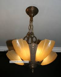 Antique Vintage 5 Light Slip Shade Art Deco Light Fixture Ceiling Chandelier