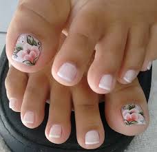 You don't have to be professional to do this nail art. Spring Pedicure Inspiration French Pedicure With Accent Floral Nail Art Briar Pink Toe Nails Cute Toe Nails Pretty Toe Nails