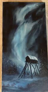 Loretta Breeden VTG Oil Painting MIDNIGHT HUNTING SPOT Moonlit in Forest  30x15