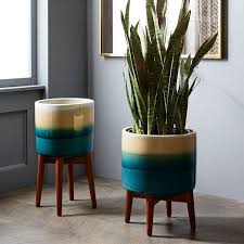 West elm inspired diy plant stands. Mid Century Turned Leg Standing Planters Reactive Glaze