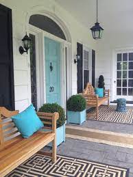 Front door turquoise with black shutters : 7 Best Teal And Navy Blue Front Door Colours Benjamin And Sherwin Kylie M Interiors Porch Design Exterior House Colors Front Porch Design