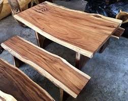 Live Edge Dining Table And Two Bench Set Reclaimed Golden Etsy In 2020 Live Edge Dining Table Wood Slab Dining Table Wood Slab Table
