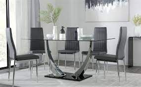 Peake Glass And Chrome Dining Table Black Gloss Base With 6 Leon Grey Chairs Only 499 99 F Chrome Dining Table Modern Glass Dining Room Dining Table Black